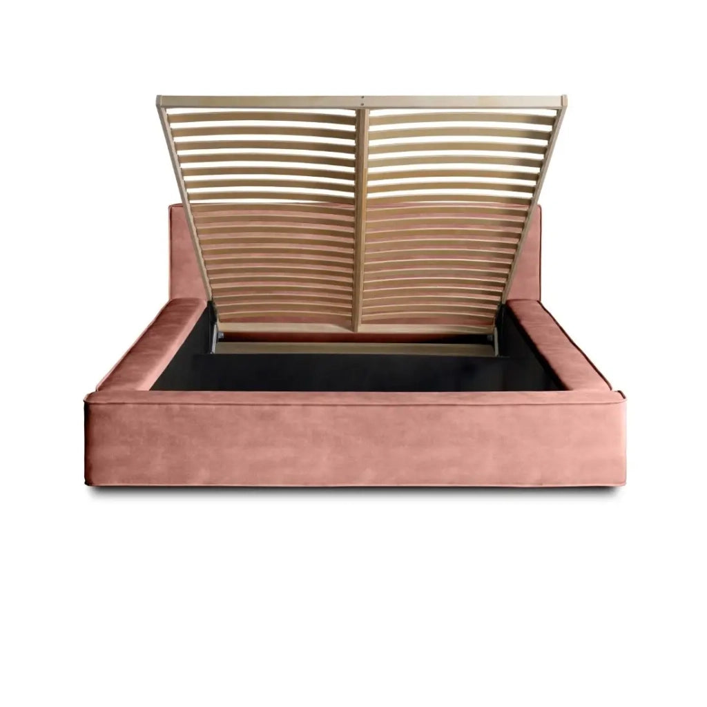 Letto contenitore VELORA – Corallo – 160x200 cm – Tessuto velluto morbido – Rete sollevabile – Contenitore integrato