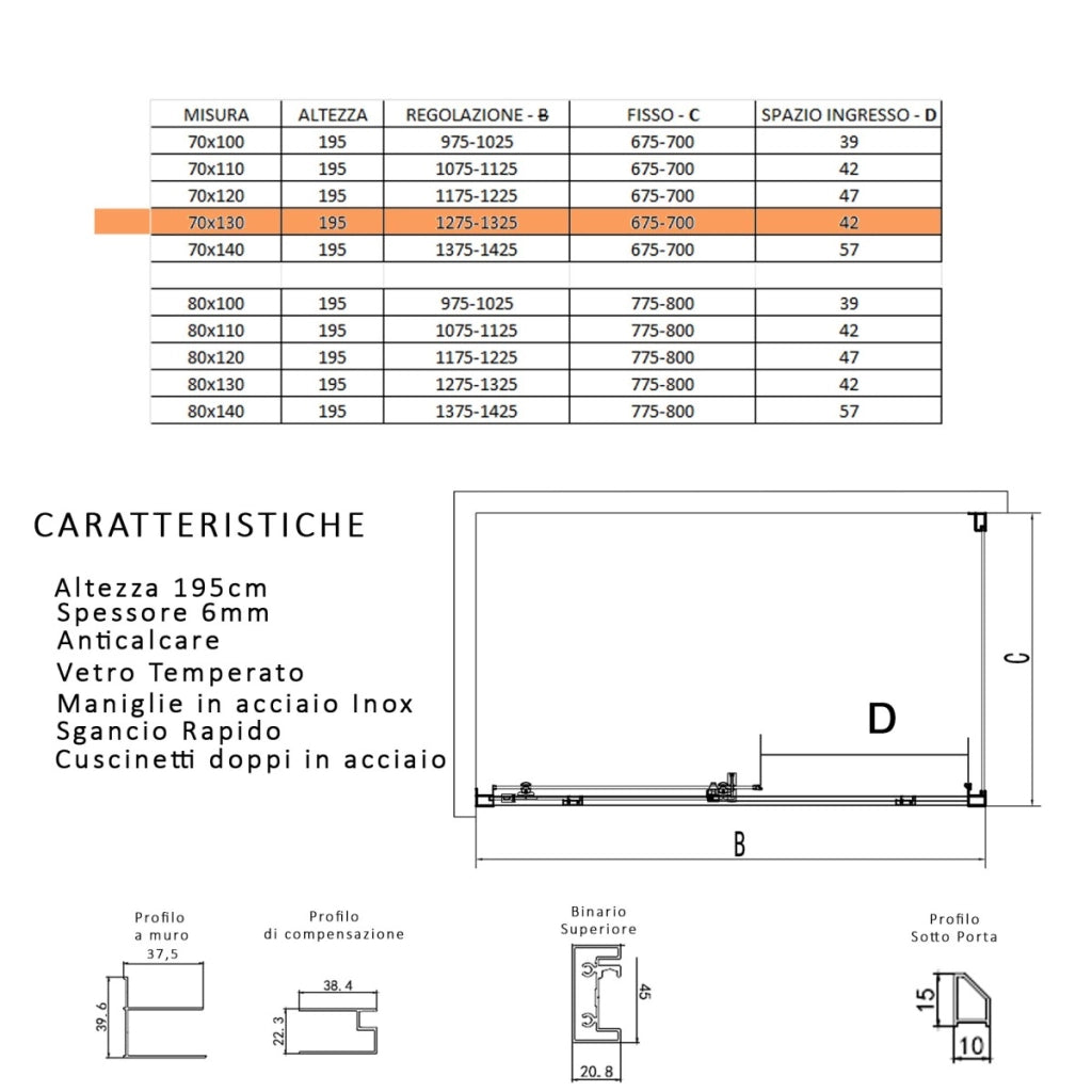 Box doccia due lati scorrevole cristallo 6mm h195 anticalcare lagoa duo, misura 70x140