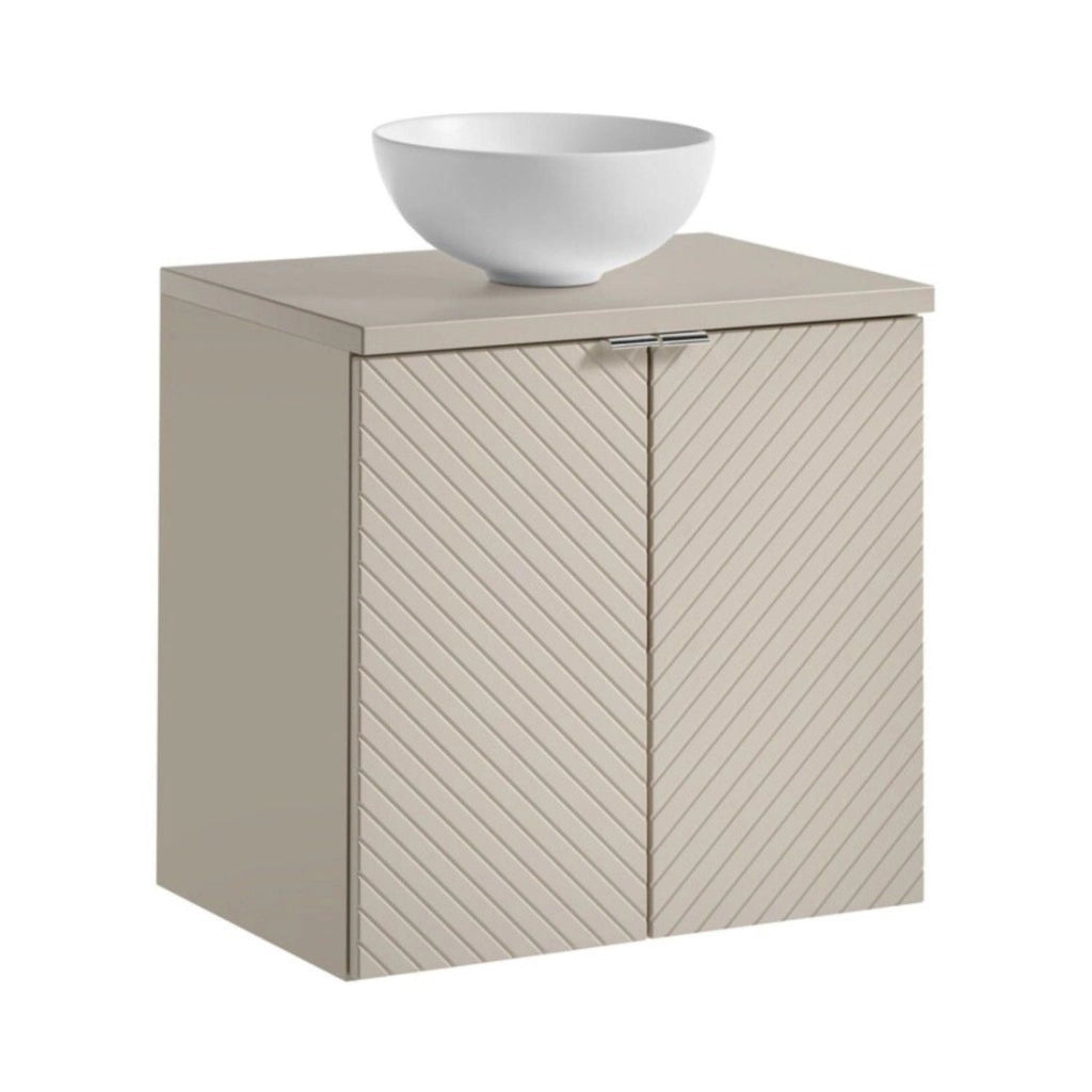 Set da bagno AOKI: mobile sottolavabo con armadietti 60cm + piano d'appoggio beige + lavabo bianco rotondo da appoggio