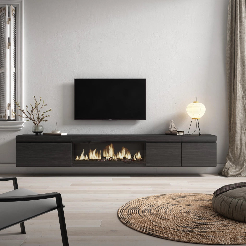 Mobile TV Soggiorno, 288x35x45cm, TV di grande formato, Camino elettrico XXL, da appendere, Nero RF3609