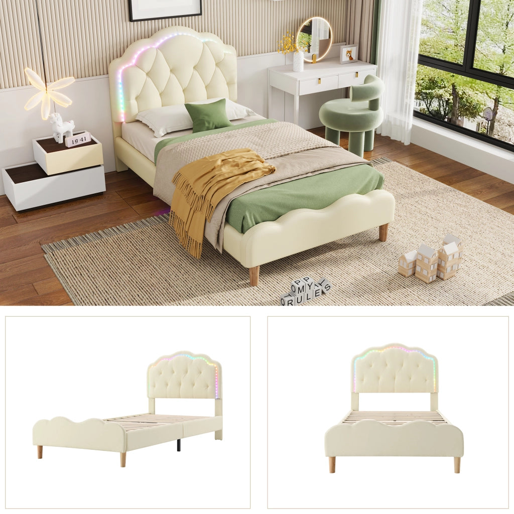 DESMIU Letto singolo 90 × 200 cm con LED multicolore, testiera ondulata e senza materasso, in PU beige