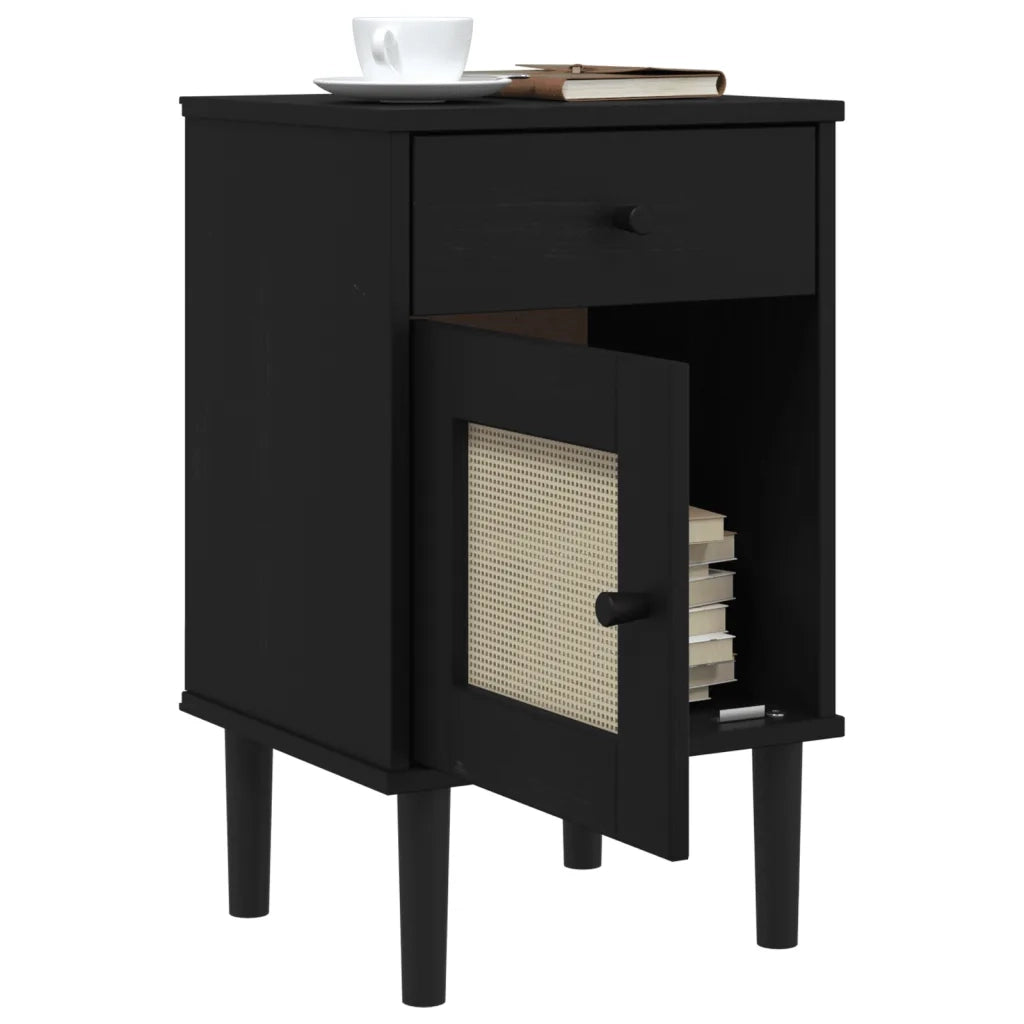Comodino SENJA Aspetto Rattan Nero 40x35x65 cm in Legno Pino 358015