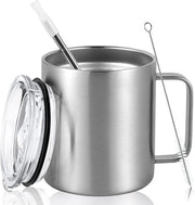 Bicchiere in acciaio inossidabile per campeggio, 350 ml, bicchiere da drink con coperchio e manico di canna, termos bicchiere a doppia parete 350 ml, termos bicchiere a vuoto con maniglia, bicchiere da caffè da portare via, tazza esterna isolata, argento