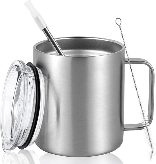 Bicchiere in acciaio inossidabile per campeggio, 350 ml, bicchiere da drink con coperchio e manico di canna, termos bicchiere a doppia parete 350 ml, termos bicchiere a vuoto con maniglia, bicchiere da caffè da portare via, tazza esterna isolata, argento