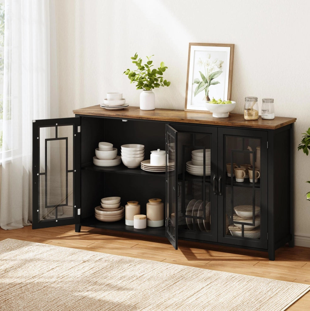 Credenza 160x40x86 cm con ante in vetro e sistema antiribaltamento in MDF nera