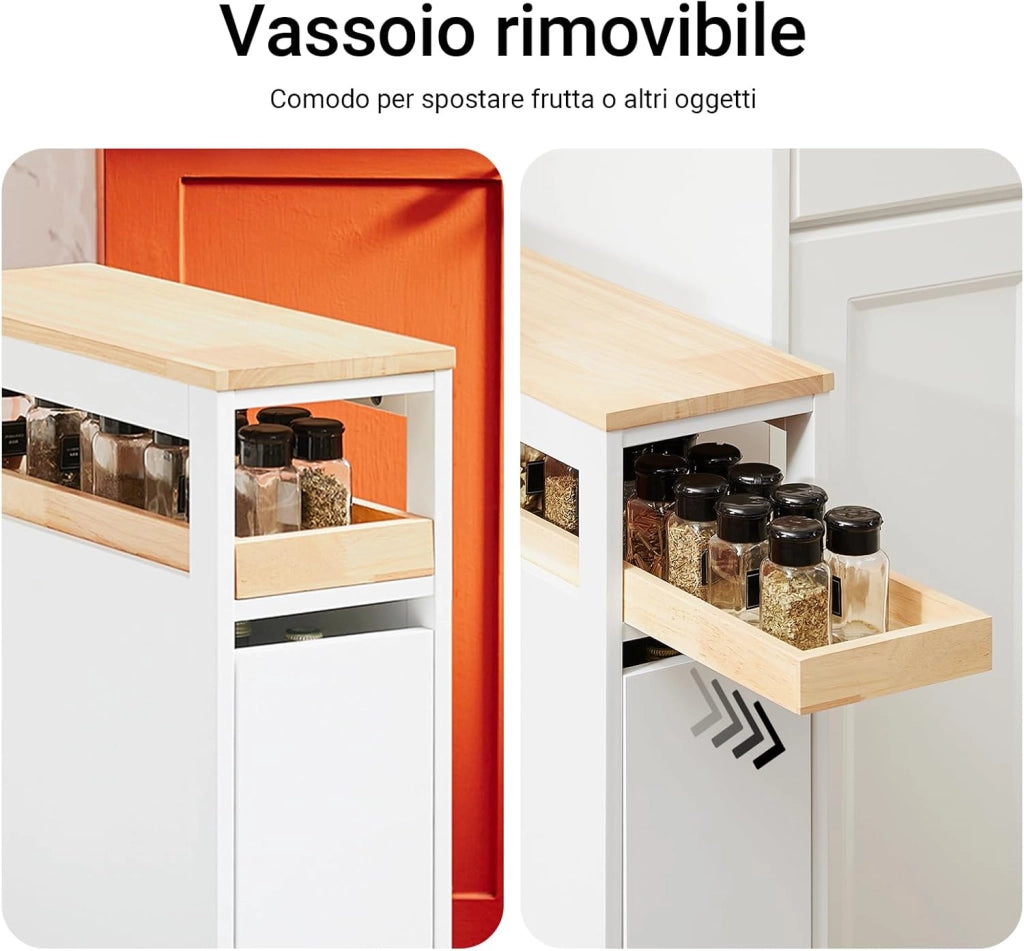 Carrello Cucina Salvaspazio Stretto – Mobiletto da Nicchia 20 cm con Ruote, Carrellino Cucina Multifunzione e Mobiletto Salvaspazio Cucina per Cucina e Bagno Bianco & Naturale 20x51x79cmNSR11-WN