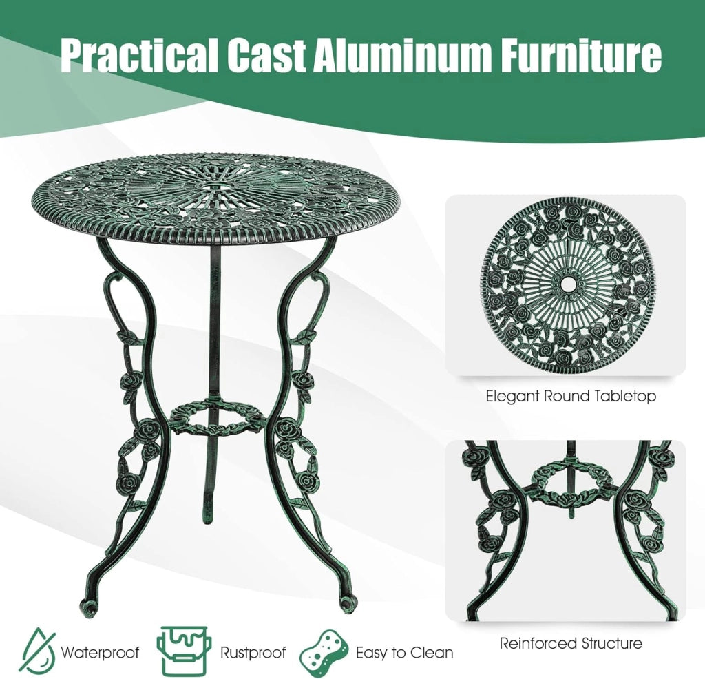 Set Tavolo da Bistrot in Fusione di Alluminio Set da 3 Pezzi Tavolino con 2 Sedie per Giardino Balcone Bordo Piscina, Colore Verde Bronzo/Bianco (Verde Bronzo)