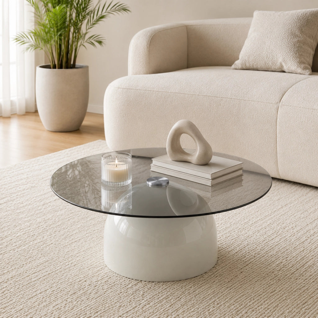 Tavolino da salotto rotondo con piano in vetro temperato e base in acciaio al carbonio; grigio; Ø 70 × 30 cm