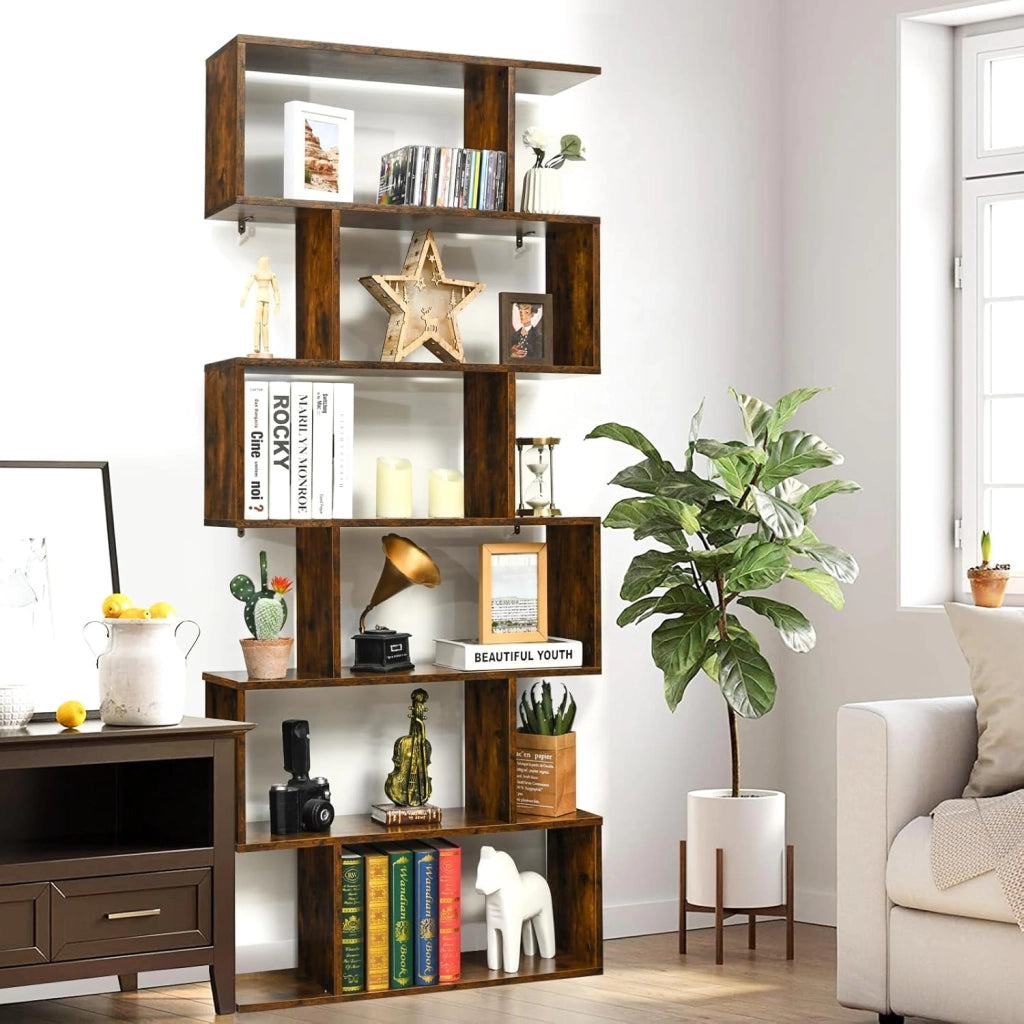 Libreria a 6 livelli, libreria a forma di S, scaffali per libri, design antiribaltamento, libreria, per soggiorno, camera da letto, studio, ufficio, 80 x 23 x 191 cm (caffè)