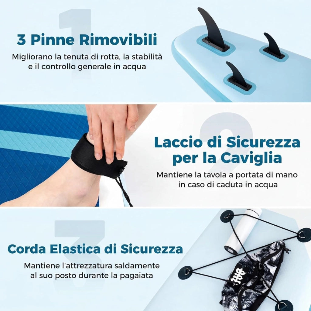 SUP Stand up Paddle, Tavola SUP Gonfiabile con Pompa, Pagaia in Alluminio, Guinzaglio, Borsa e Kit di Riparazione, per Principianti ed Esperti, Portata 160 kg, 336 x 77 x 16 cm
