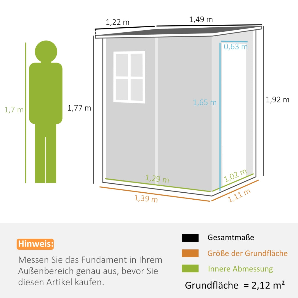 Casetta da giardino in alluminio e plastica 122x149x192/177 cm, grigia, con porta e finestra