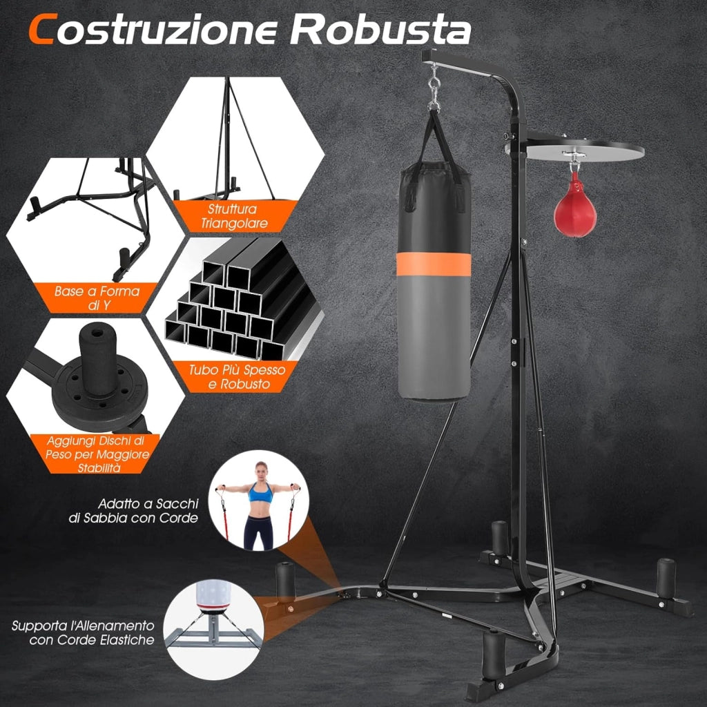 Supporto per Sacco da Boxe e Punching Ball Regolabile, Sacco Boxing da Terra con Struttura in Metallo Robusta e Base Stabile, Attrezzi Pugilato Autoportante da Casa per Adulti
