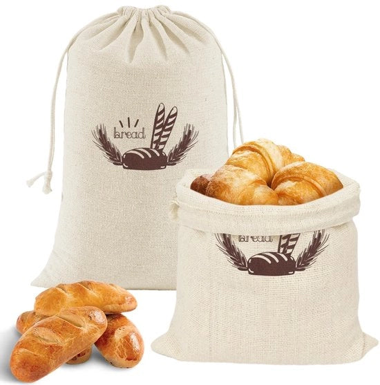 Sacchi di Lino per il Pane - 2 pezzi - 30 x 38 cm - Corda per Trascinare - Per Conservare Freschi - Per Pane Frutta Verdure