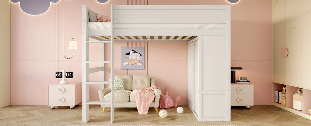 Letto a soppalco 90x200 cm con armadio e vano contenitore in legno e MDF bianco