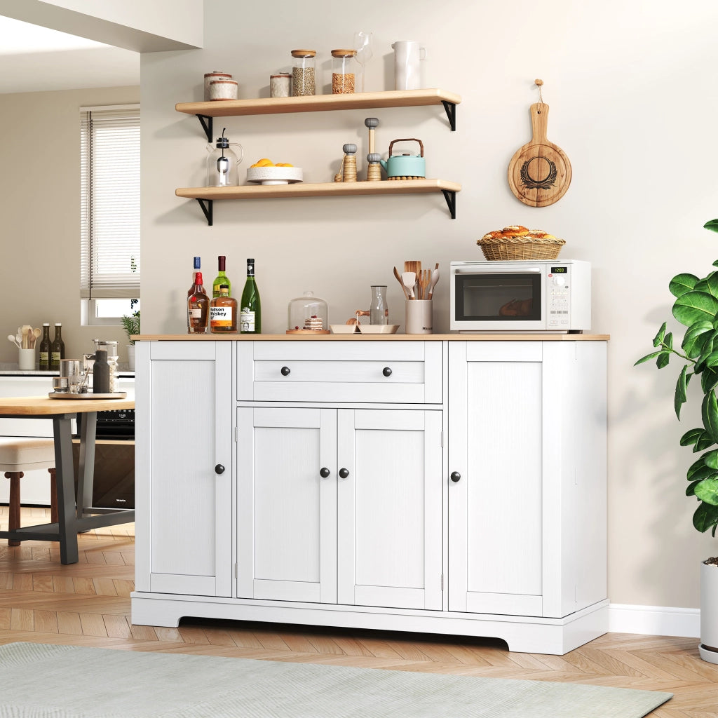 Credenza moderna 138 cm con cassetto, ante e ripiani regolabili, MDF Natural/Bianco