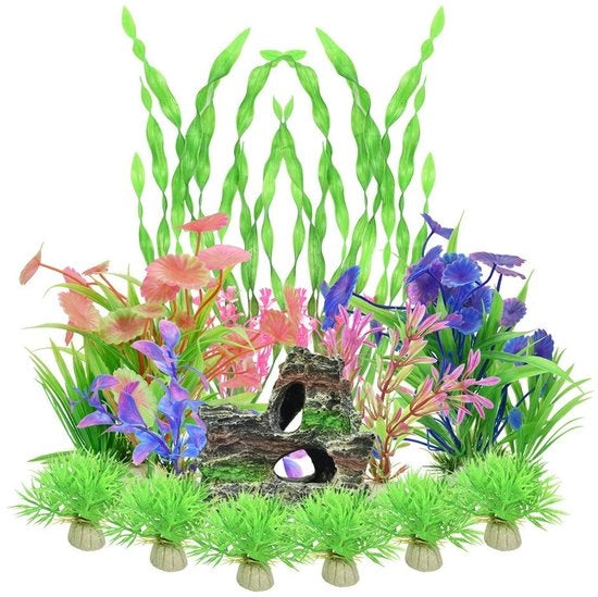 Collezione di piante acquatiche in plastica da 13 pezzi - Decorazione per acquari - Sicura e non tossica - Adatta per acqua dolce e salata - Base galleggiante - Piante artificiali