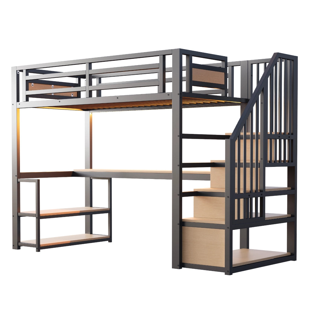 Letto a soppalco 90 × 200 cm con scrivania, ripiani, scala contenitore et barriera di sicurezza, senza materasso, in metallo, nero