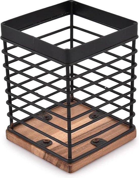 Accessorio per cucina - Set di forchetta e cucchiaio - Cornice metallica rustica in ferro - Igiene in acciaio - Decorazione in legno di acacia - Base in legno per piano di lavoro (1143 cm x 1143 cm x .