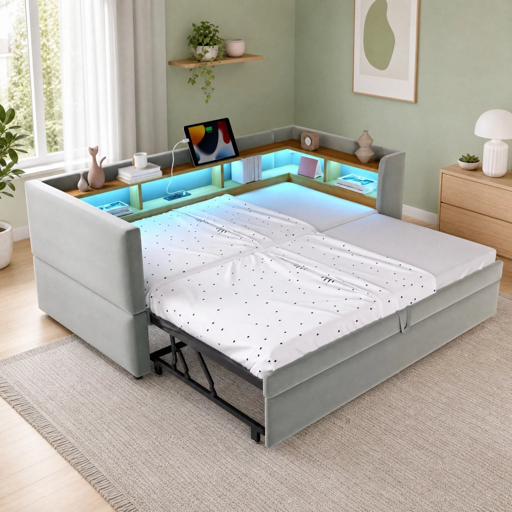 Divano letto imbottito 90/180 x 190 cm con luci LED, prese, vani contenitore e struttura in metallo