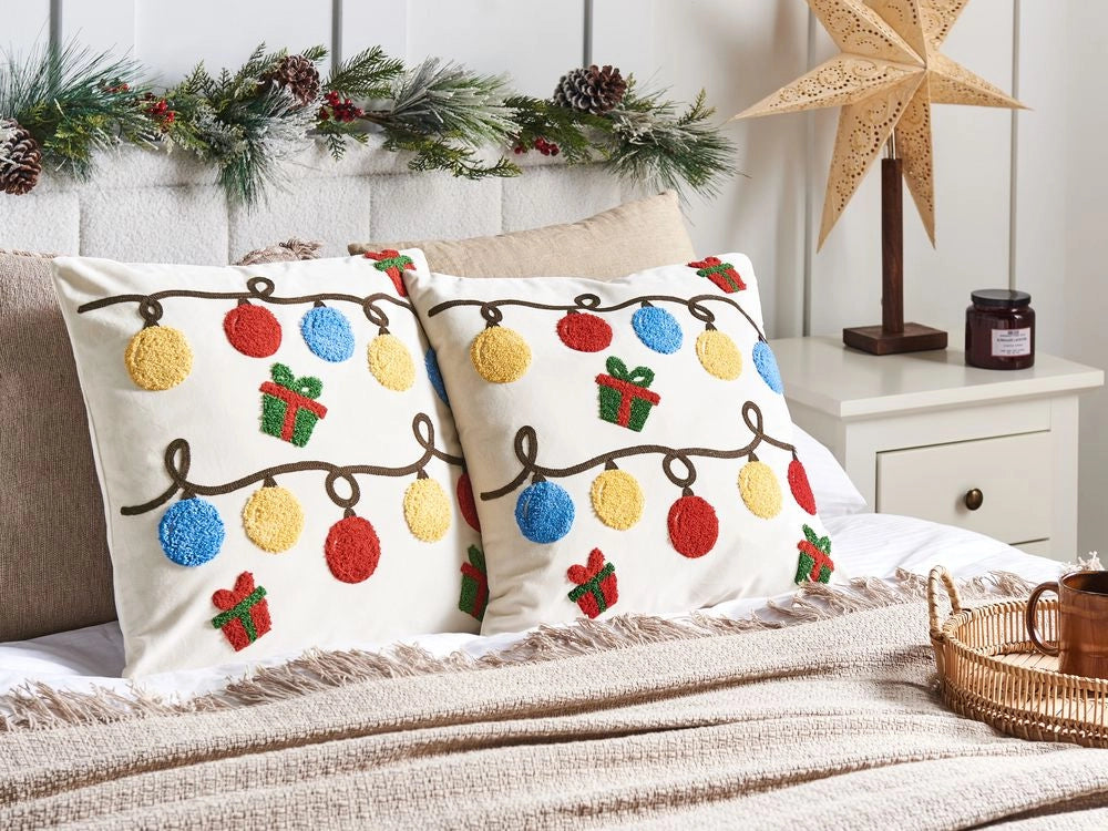 Set di 2 cuscini sparsi in tessuto di velluto bianco Motivo natalizio 45 x 45 cm Accessorio per la decorazione