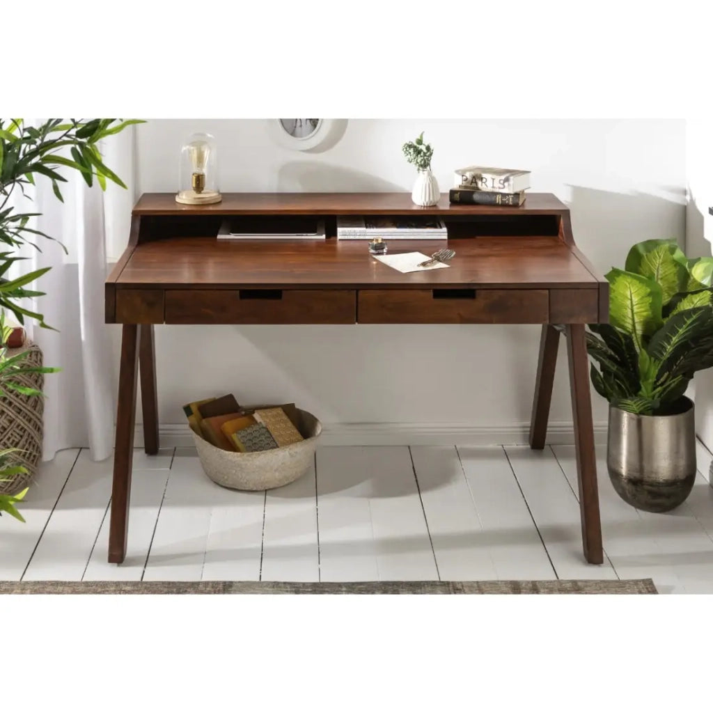 Scrivania retta SKAGEN 100 cm in legno massiccio di acacia con 2 cassetti e scaffale – Stile Davenport