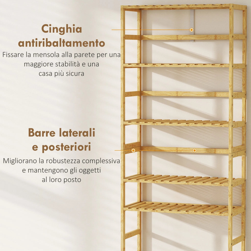 Scaffale in Legno di Bamb¨´ a 6 Livelli con Ripiani Regolabili. 60x26x161 cm. Legno Naturale