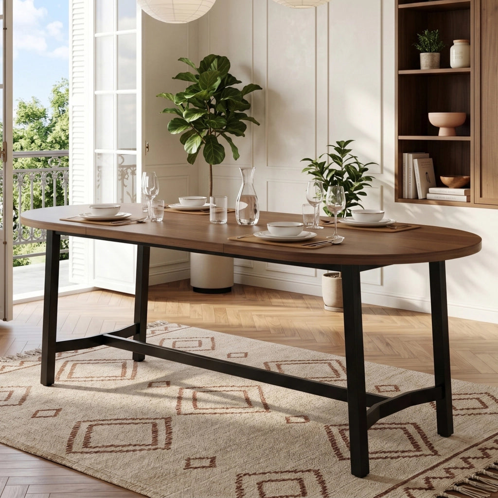 Tavolo da pranzo 180x80 cm con angoli arrotondati; struttura stabile in ferro e MDF; noce