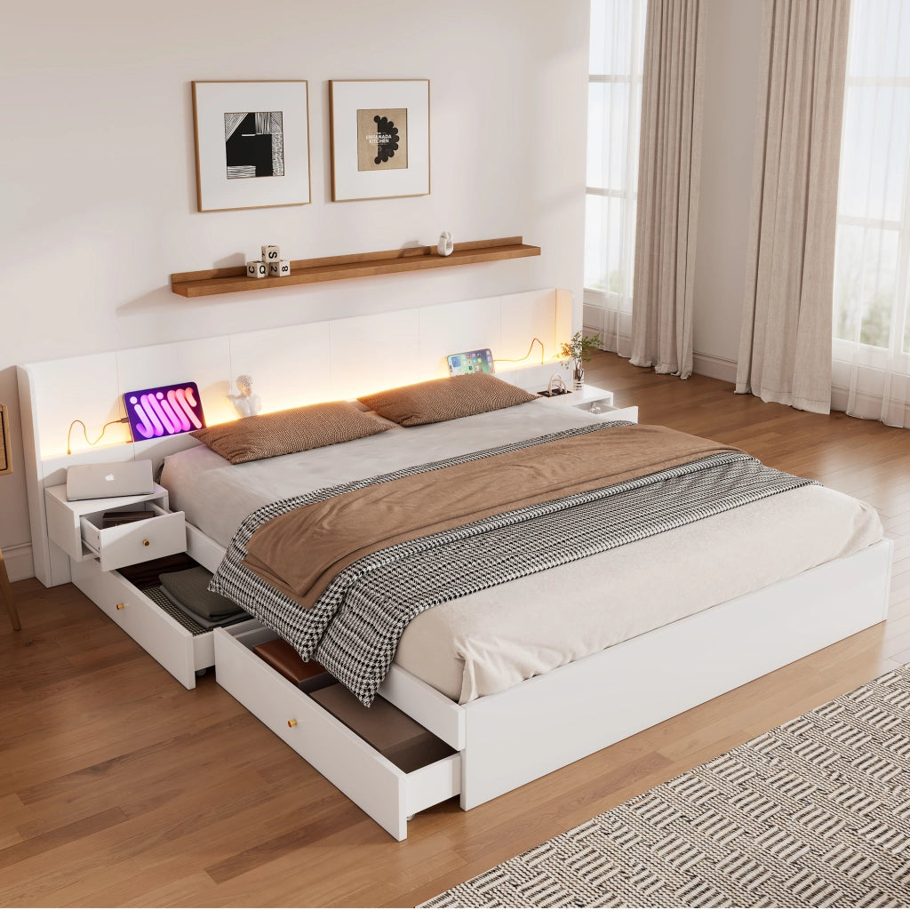 Letto matrimoniale 180x200 cm in MDF bianco con USB, prese, LED APP, 2 comodini, 2 cassetti, senza materasso