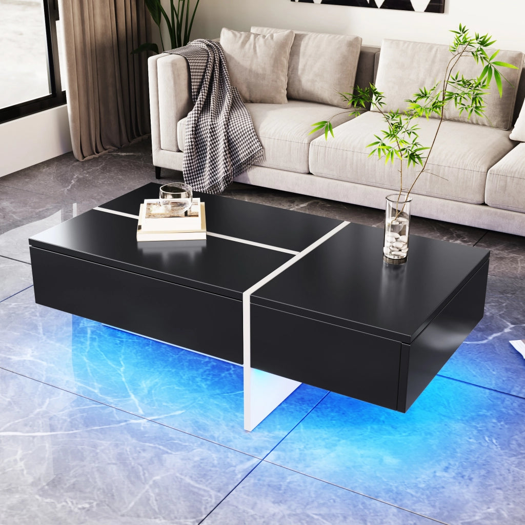 TAVOLINO DA SALOTTO 100x50x34,5 cm Nero Lucido con LED App e 3 cassetti