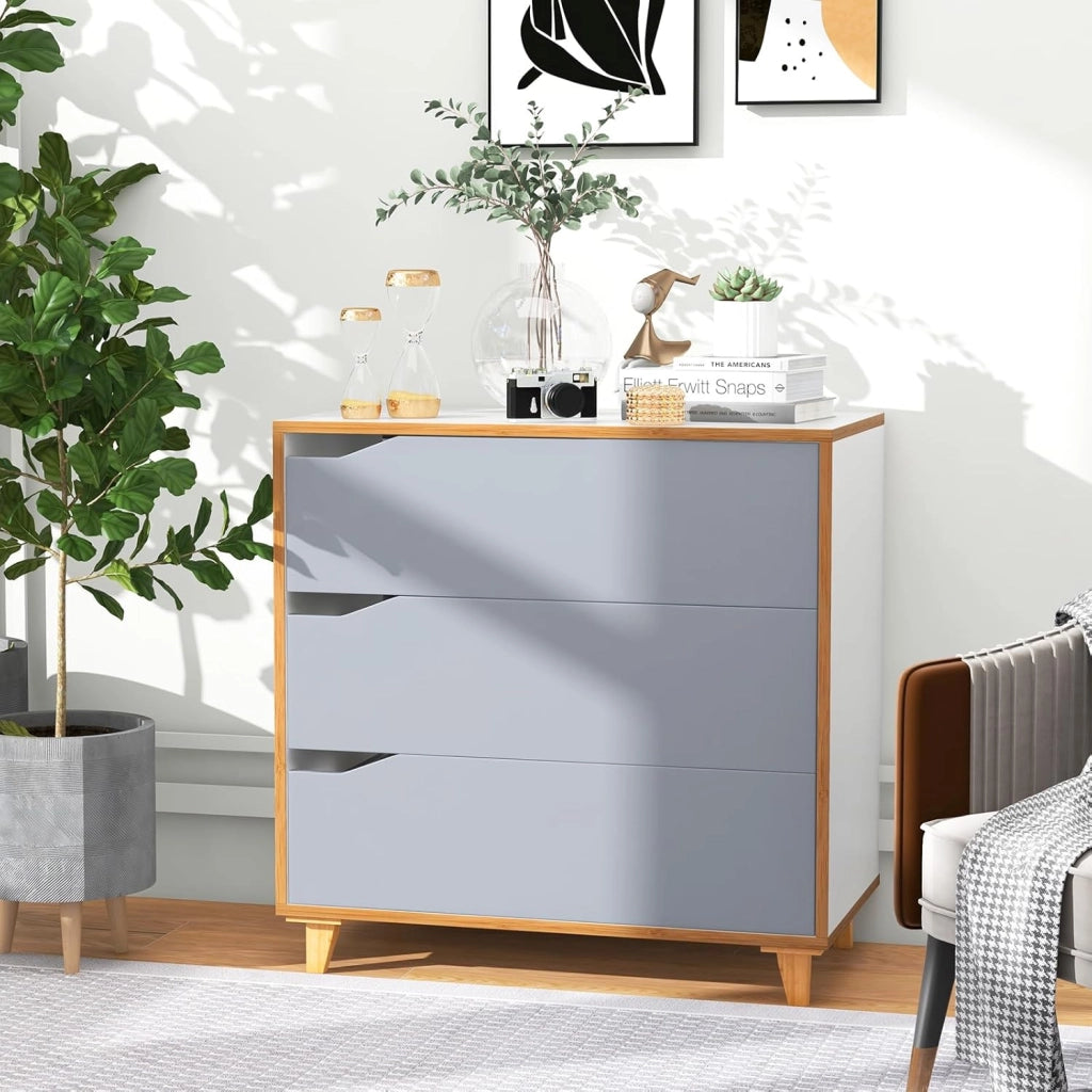 Cassettiera in legno con 3 cassetti, cassettiera autoportante, con chiusura antiribaltamento, moderno armadietto con gambe in legno massiccio, comodino, 75 x 42 x 75 cm