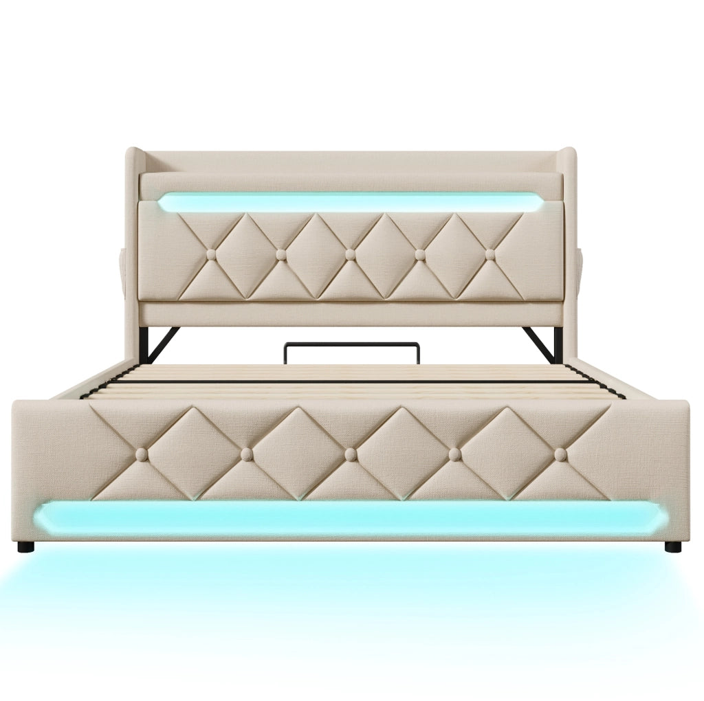 Letto matrimoniale 180x200 cm in lino beige con contenitore idraulico; LED e testiera con ricarica