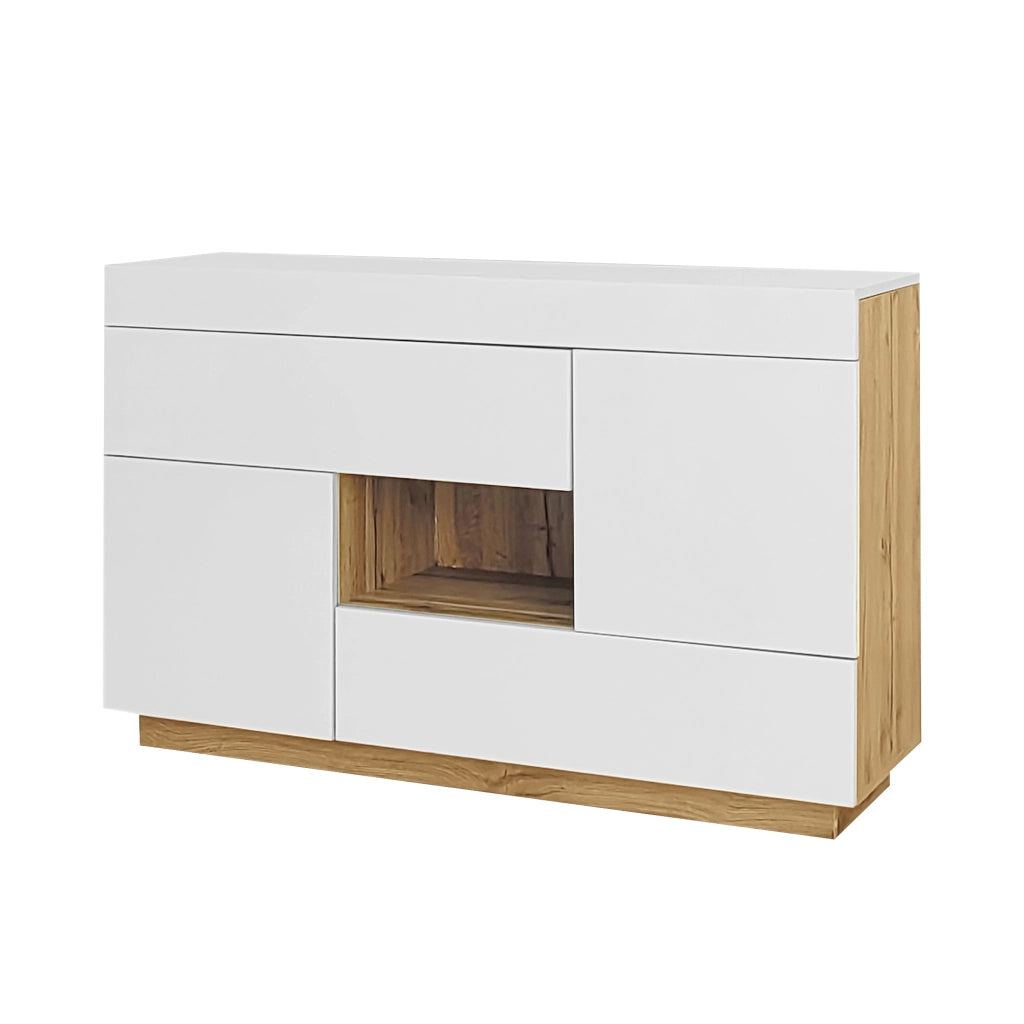 Sideboard moderno bianco lucido con LED RGB, 2 cassetti, 2 ante e vano aperto