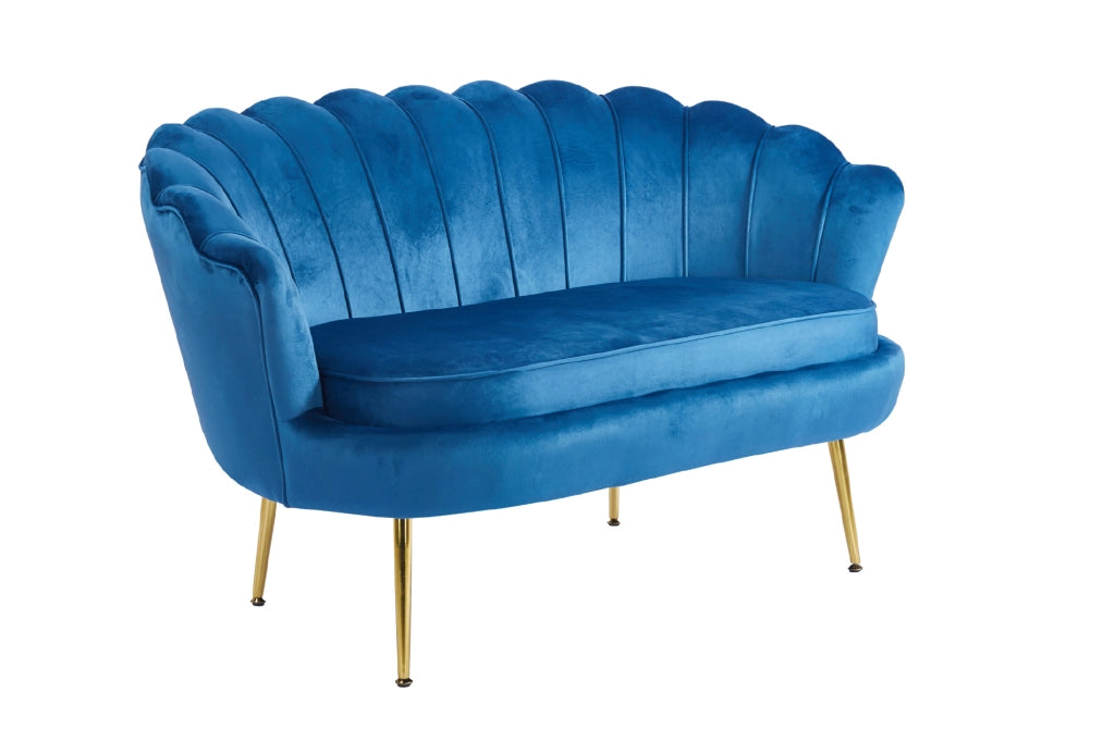 Divano Due 2 Posti In Velluto Forma Conchiglia Gambe In Metallo 133x63x75 Cm Camera Soggiorno Ufficio  Blu