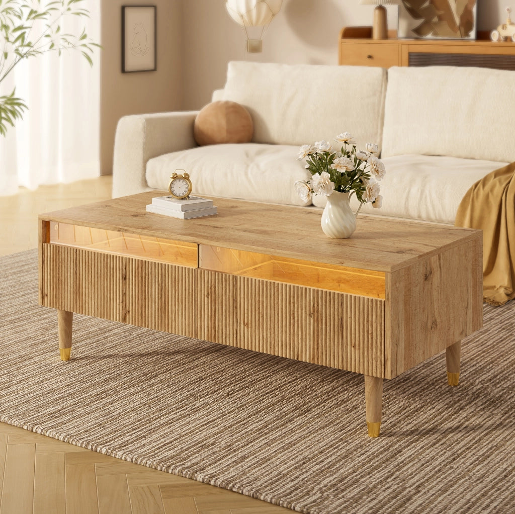 Tavolino da caffè LED 110x50x40 cm con 2 cassetti; MDF colore legno