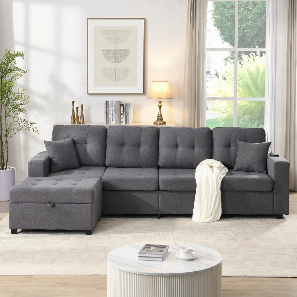 Divano 4 posti con pouf contenitore, LED e porte USB/Type-C