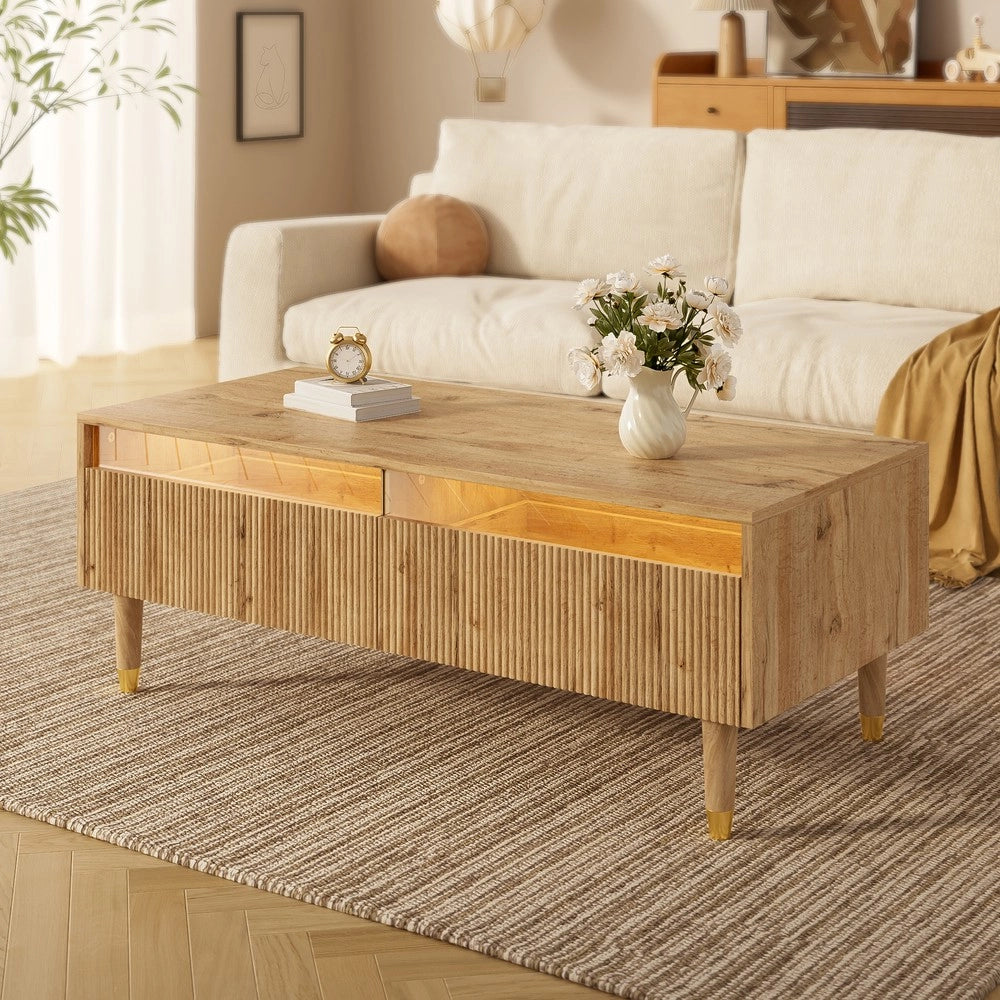 Tavolino da Caff¨¨ con LED e Cassetti ¨C MINIMAL ¨C Gambe Oro, Design Moderno