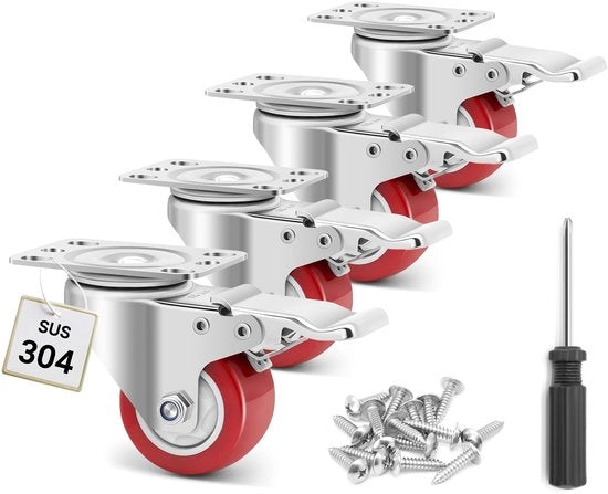 Ruote per mobili 50 mm - Assi di sterzo con freno - Set di assi di sterzo da 4 - Resistenti agli urti - Per carichi pesanti - In acciaio inossidabile