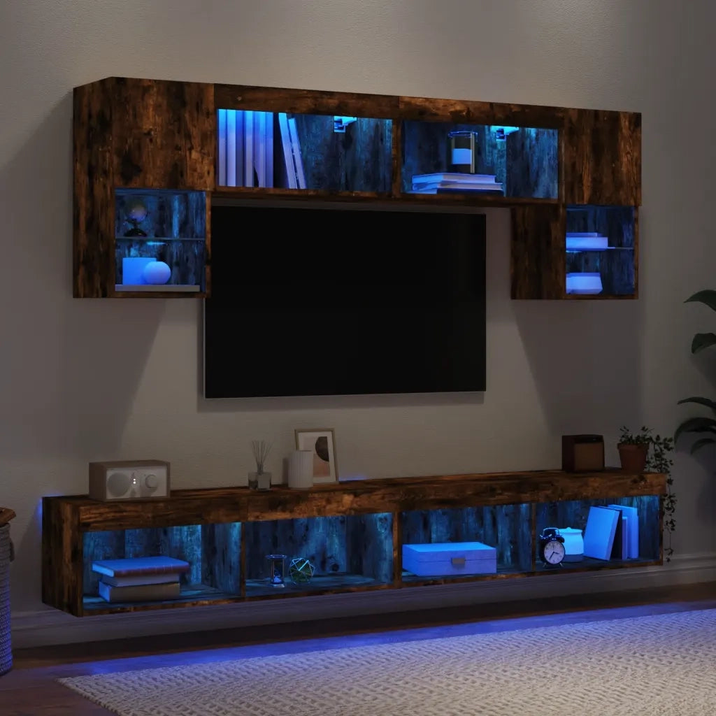 Mobili TV a Muro con LED 6pz | Armadietto TV | Mobile Porta TV Rovere Fumo in Legno Multistrato
