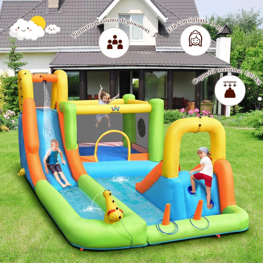Castello Gonfiabile 8 in 1, Parco Acquatico con 2 Scivoli, Trampolino, Parete da Arrampicata, Canestro e Palla da Basket, Inclusi 3 Anelli, 3 Palline Bersaglio e Kit di Riparazione