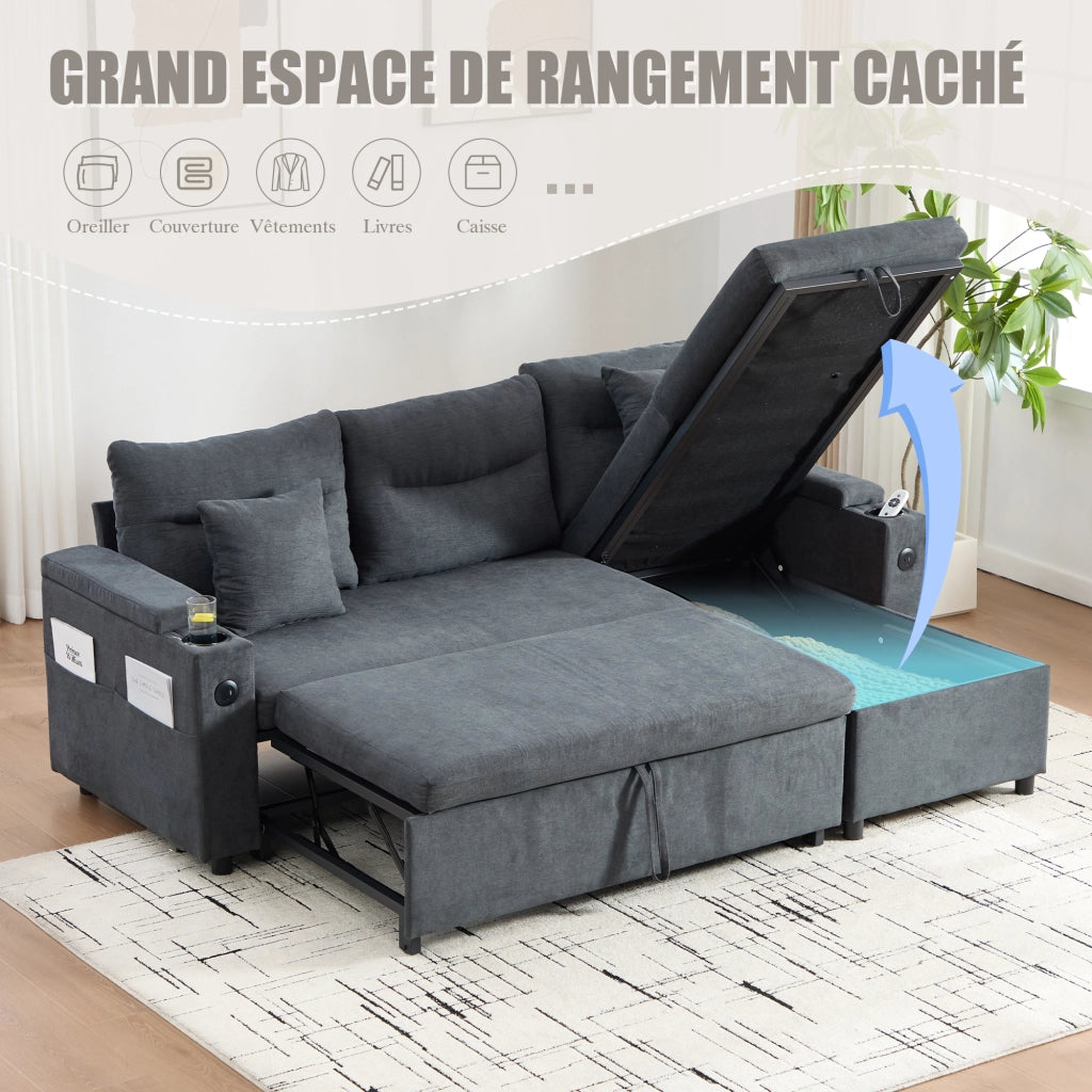 Divano 3 posti effetto lino con chaise longue, letto estraibile, contenitore e USB-C