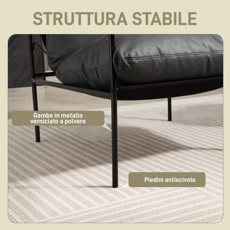POLTRONA DA SALOTTO IN PELLE PU E TELAIO IN METALLO CON CUSCINI SPESSI, 74.5X75X77 CM, GRIGIO CARBONE