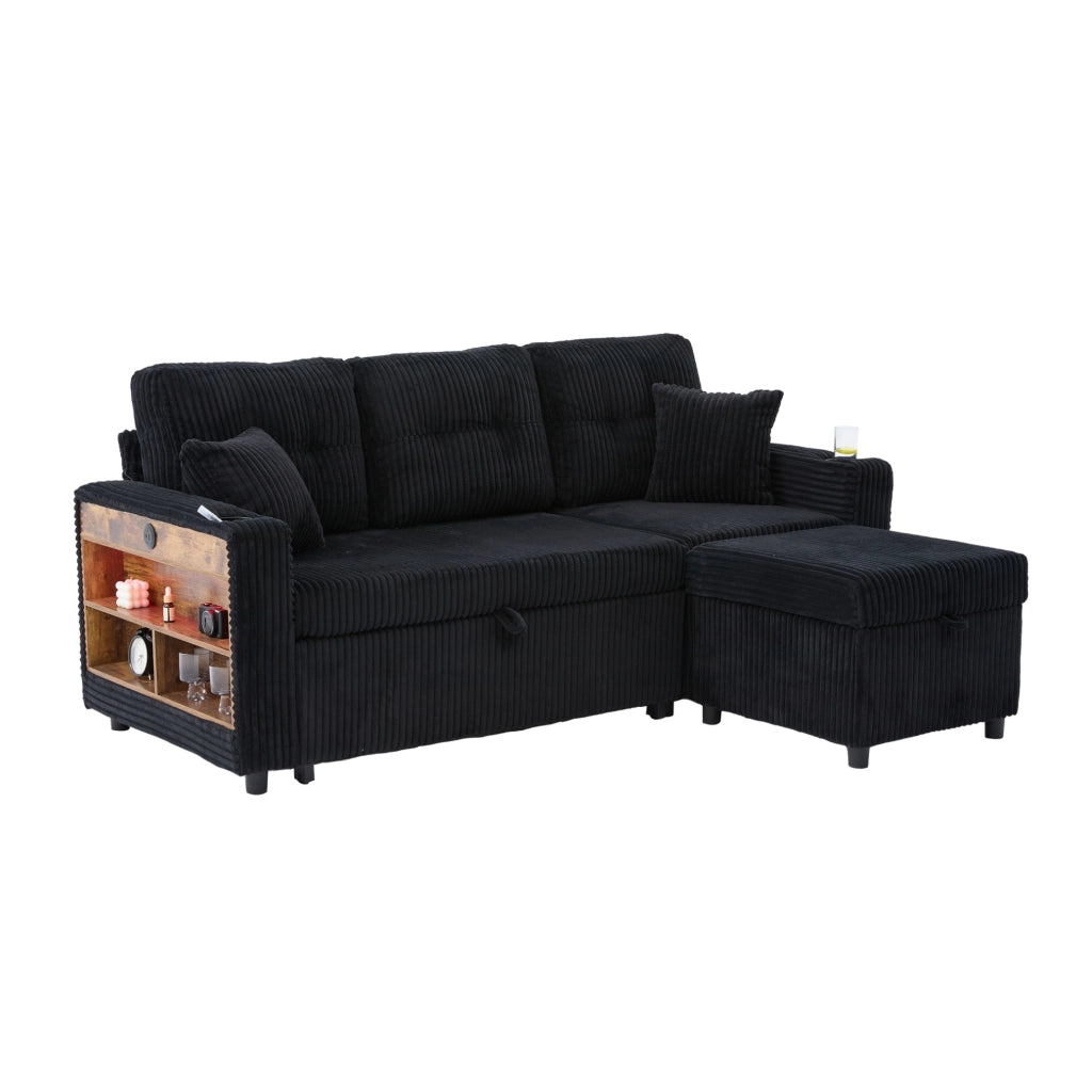 Divano letto con contenitore e USB-C 196x82-144x85 cm in corduroy nero con LED