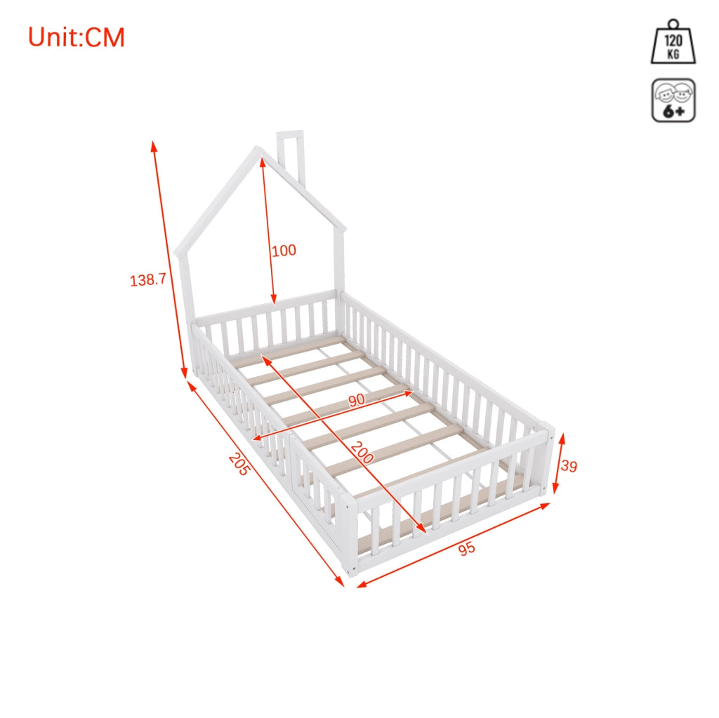 Letto a casetta 90x200 cm con design camino; legno e MDF; bianco (Senza materasso)