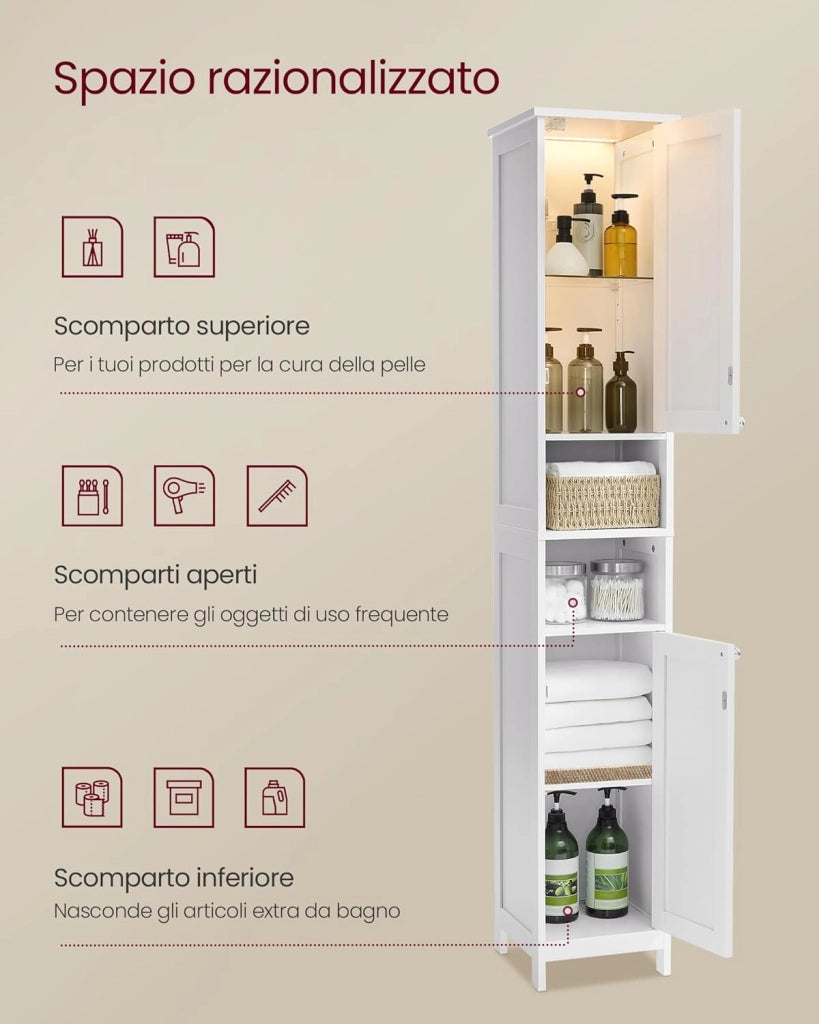 VASAGLE Mobile da Bagno con Luce, Armadietto Mobiletto da Bagno a Colonna con Ripiani Regolabili, Scomparti Aperti, per Piccoli Spazi, Moderno, Bianco Nuvola BBC566W03