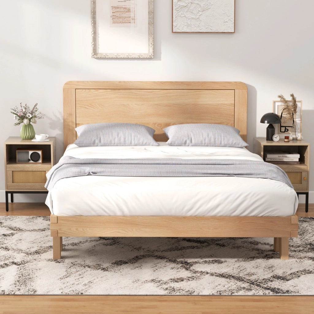 Comodino con spazio di stoccaggio ripiano aperto e armadietto con porta, Tavolino bohemien in rattan per casa Naturale-Comodini