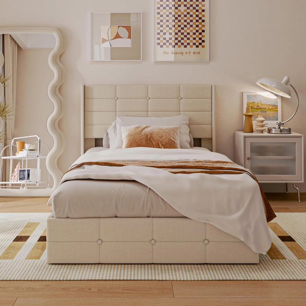 Letto contenitore idraulico 140 x 200CM, letto matrimoniale imbottito con testiera e contenitore, giroletto con rete a doghe, letto per ragazzi, senza materasso (Beige, 120X200)