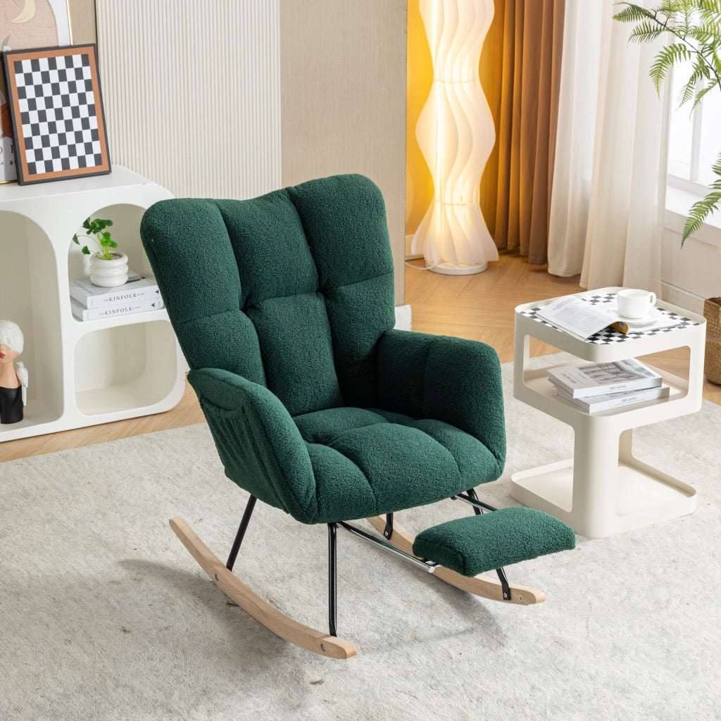 OKWISH Sedia a Dondolo con Poggiapiedi Pieghevole, Schienale Alto Ergonomico e Braccioli Imbottiti, Teddy Verde