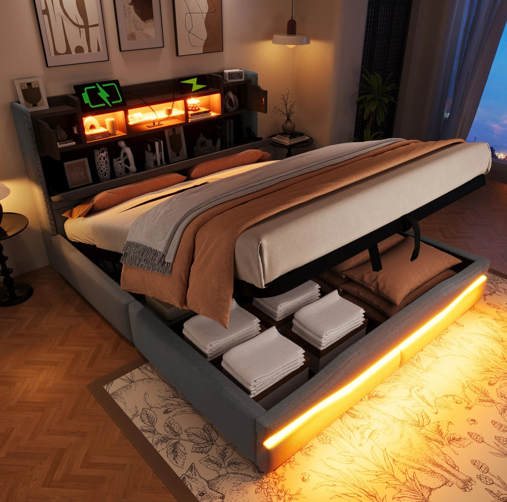 Letto imbottito 160x200 cm con contenitore idraulico, luci LED e ricarica integrata