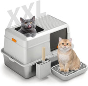 Cassetta per Gatti in Acciaio Inox XXL, Cassetta per Gatti Chiusa Grande con Coperchio Rimovibile, Lavorazione con Scopa e Pedale, Impermeabile e Facile da Pulire (Grigio)