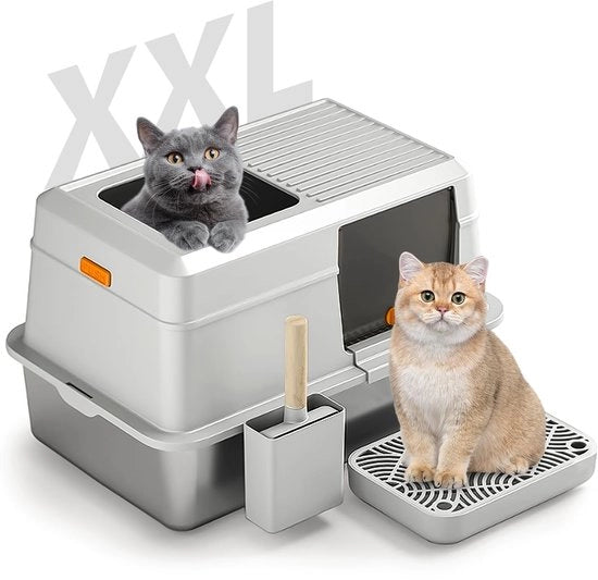 Cassetta per Gatti in Acciaio Inox XXL, Cassetta per Gatti Chiusa Grande con Coperchio Rimovibile, Lavorazione con Scopa e Pedale, Impermeabile e Facile da Pulire (Grigio)